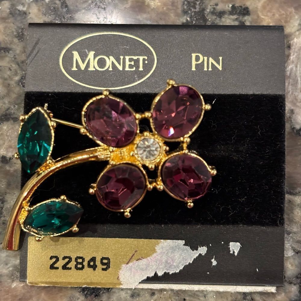 Monet Vintage Gold and Purple Floral Brooch with Gemstone Accents